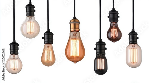 Vintage edison bulbs with warm glow on white
