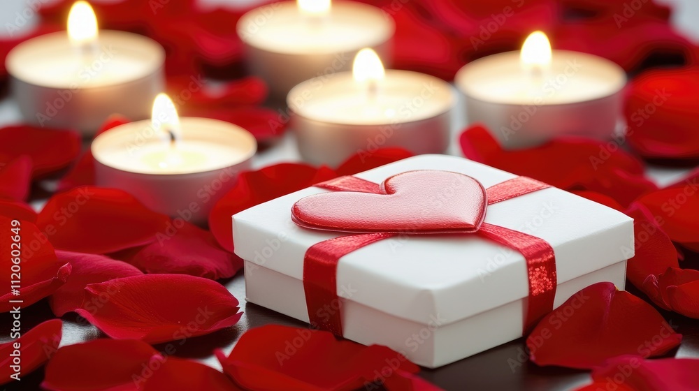 Romantic Gift Box Surrounded by Rose Petals and Candlelight Romantic Gift Box Surrounded by Rose Petals and Candlelight