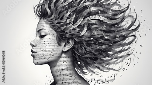 Illustration of a female face in profile. She is surrounded by music notes and symbols. Black and white illustration against a black background. Creative, art and music concept.  
