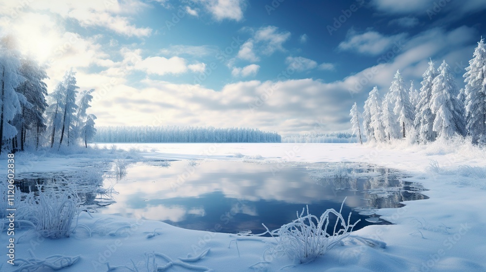 A photo of a snowy winter landscape with a frozen lake A photo of a snowy winter landscape with a frozen lake