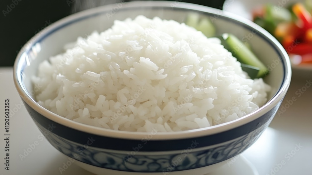 Steaming Bowl of White Rice with Fresh Vegetables on Side Steaming Bowl of White Rice with Fresh Vegetables on Side