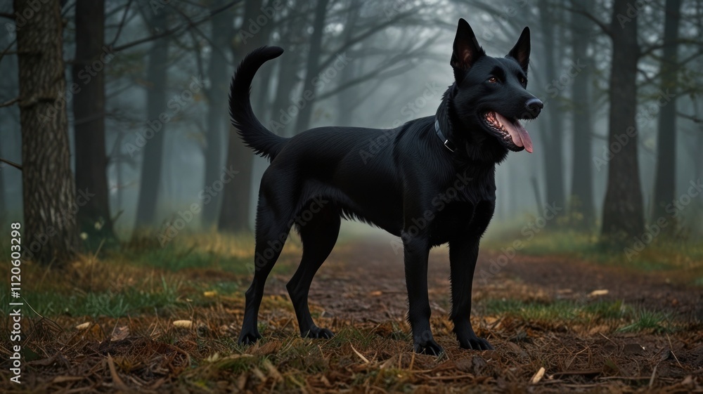 Black dog standing in foggy forest path. Black dog standing in foggy forest path.