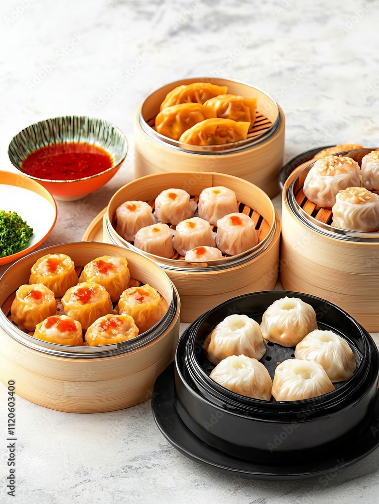 Advertisement dim sum food Delicious assortment of dim sum served in bamboo steamers on a marble table. Advertisement dim sum food Delicious assortment of dim sum served in bamboo steamers on a marble table.