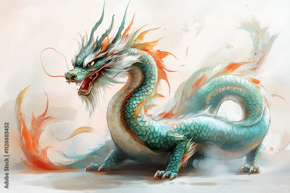 Fototapeta premium Illustration of a majestic dragon in vibrant colors and intricate designs showcasing various artistic styles