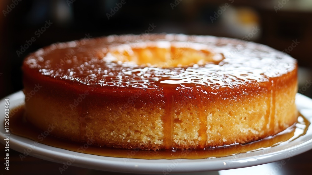 Golden Flan Dessert with Caramel Sauce on White Plate Close-Up Golden Flan Dessert with Caramel Sauce on White Plate Close-Up