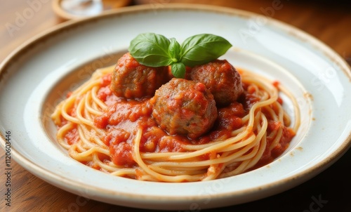 Delicious spaghetti with meatballs and basil.