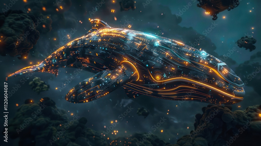 Obraz premium A futuristic, luminous whale swims through a cosmic environment filled with glowing elements.