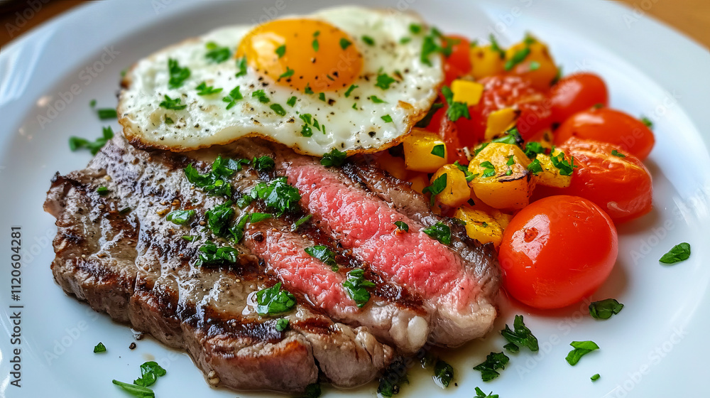 Juicy grilled steak with fried egg and fresh cherry tomato salsa Juicy grilled steak with fried egg and fresh cherry tomato salsa