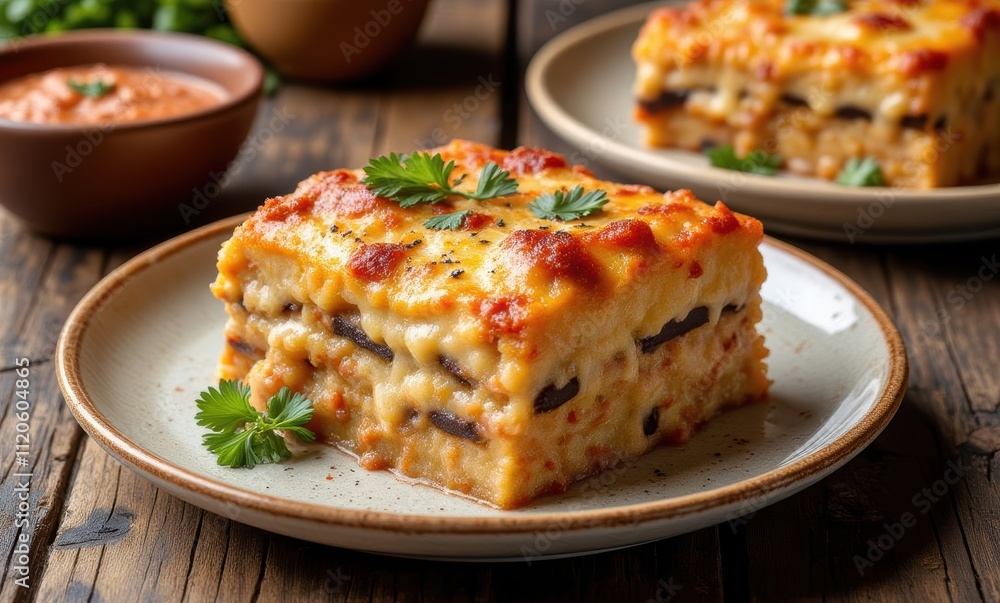 Delicious cheesy lasagna slice on a plate Delicious cheesy lasagna slice on a plate