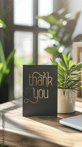 Black Thank You note card image with gold text and a clean decorated room backdrop. Ready to use for everyday of the year. Express thanks to employees those who make a positive difference in your day. photo