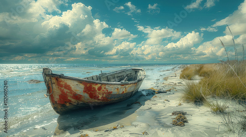 Fototapeta Naklejka Na Ścianę i Meble -  Fishing boat on the beach, blue sky and white clouds background,.   