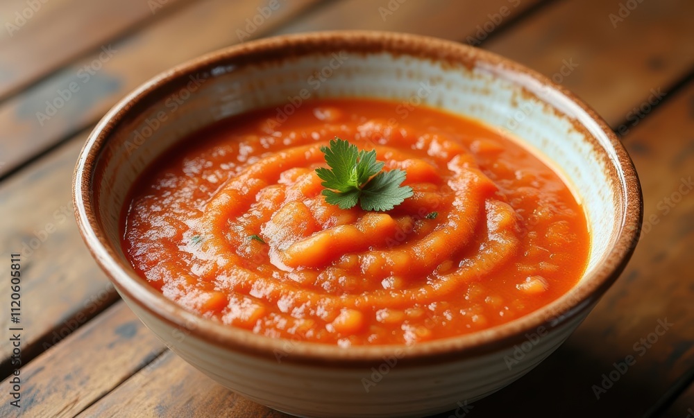 Delicious tomato soup with cilantro garnish Delicious tomato soup with cilantro garnish