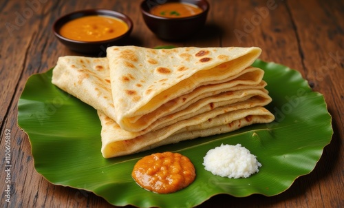 Delicious Indian flatbreads with chutneys photo