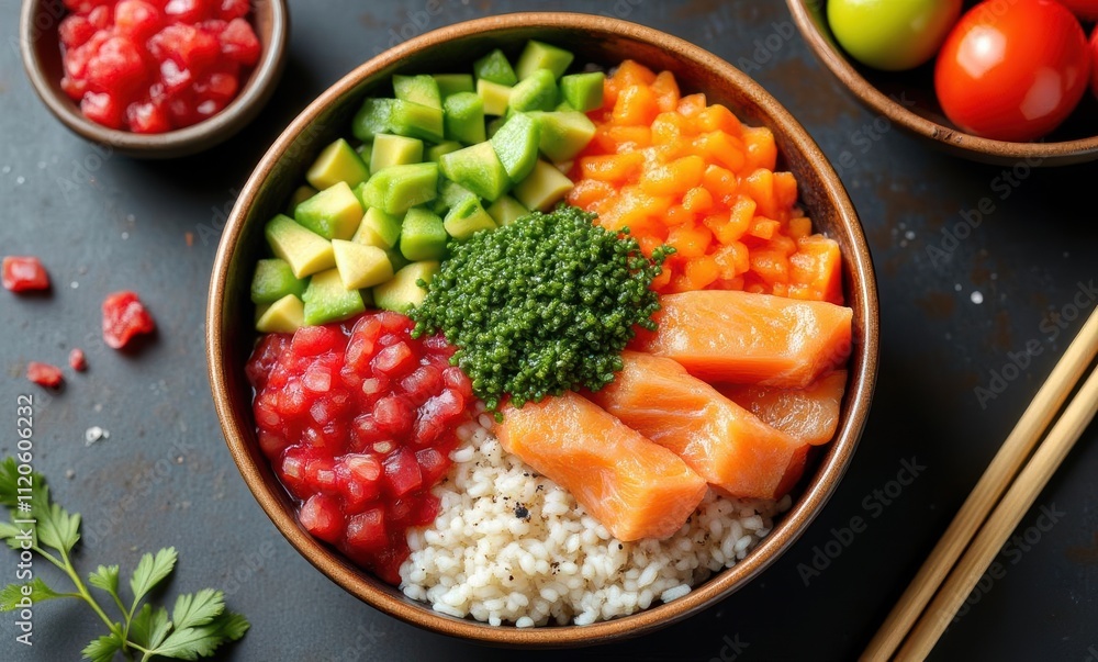 Colorful poke bowl with salmon and vegetables Colorful poke bowl with salmon and vegetables