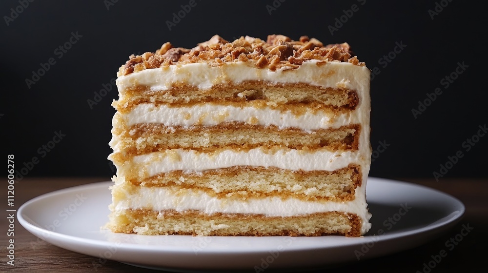 Layered Cake with Cream and Crunchy Topping on a White Plate Layered Cake with Cream and Crunchy Topping on a White Plate
