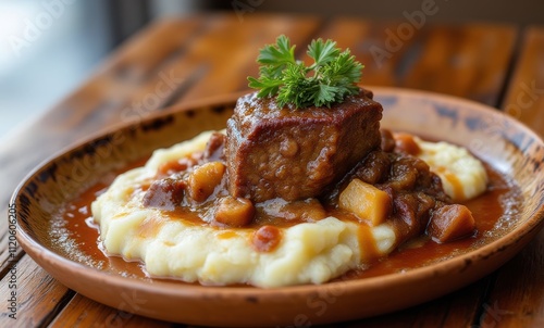 Savory beef stew with mashed potatoes