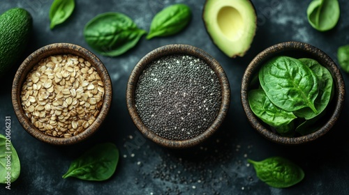 Healthy breakfast ingredients oats, chia seeds, spinach, avocado.