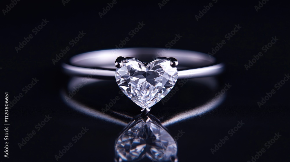Heart-Shaped Diamond Ring with Elegant Silver Band on Dark Background Heart-Shaped Diamond Ring with Elegant Silver Band on Dark Background