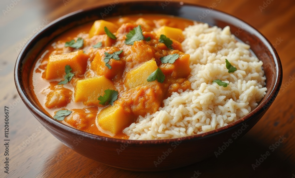 Bowl of flavorful vegetarian curry and rice Bowl of flavorful vegetarian curry and rice