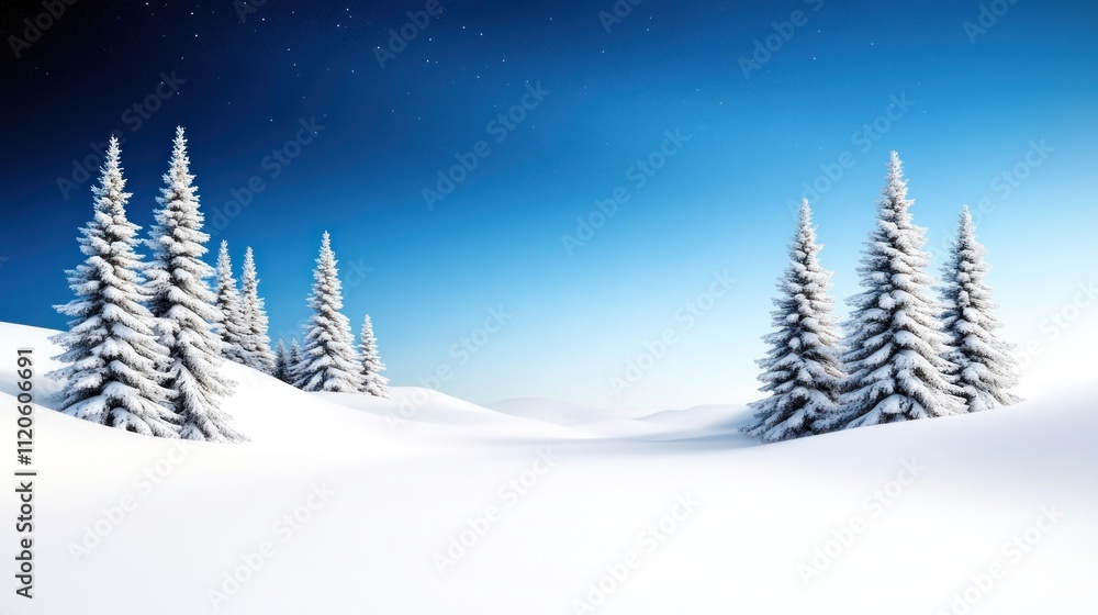 Fototapeta premium Snow-covered landscape with evergreen trees under a clear sky.