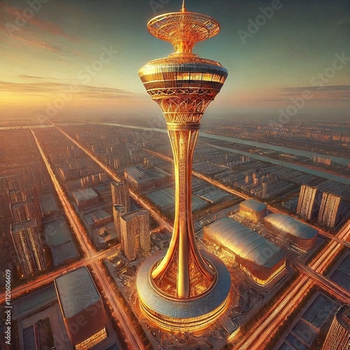 Giant 2000 meters tall golden glassy tower with beautiful dish antenna at top. photo