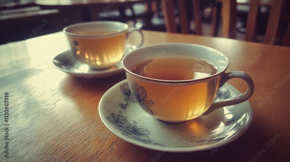 Two Elegant White Teacups with Green Tea on a Sunlit Wooden Table : Generative AI Two Elegant White Teacups with Green Tea on a Sunlit Wooden Table : Generative AI