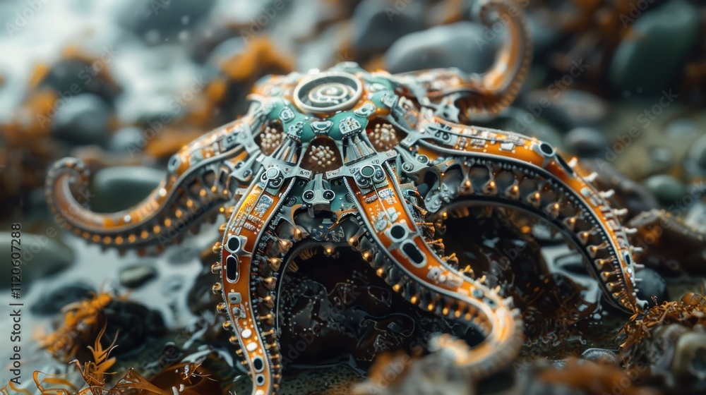 A colorful, intricate octopus resting on rocky terrain, showcasing artistic design and detail. A colorful, intricate octopus resting on rocky terrain, showcasing artistic design and detail.