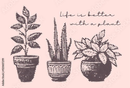 potted plants set, retro halftone style, life is better with a plant quote, cute collection