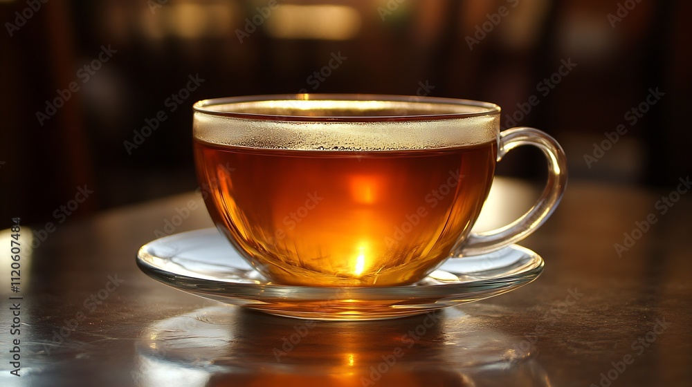 Warm Morning Light Shining Through a Glass Teacup of Black Tea on Wooden Table : Generative AI Warm Morning Light Shining Through a Glass Teacup of Black Tea on Wooden Table : Generative AI