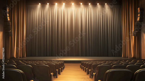 Empty theater stage with illuminated curtains and rows of seats photo