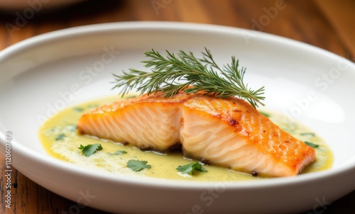 Grilled salmon with dill garnish