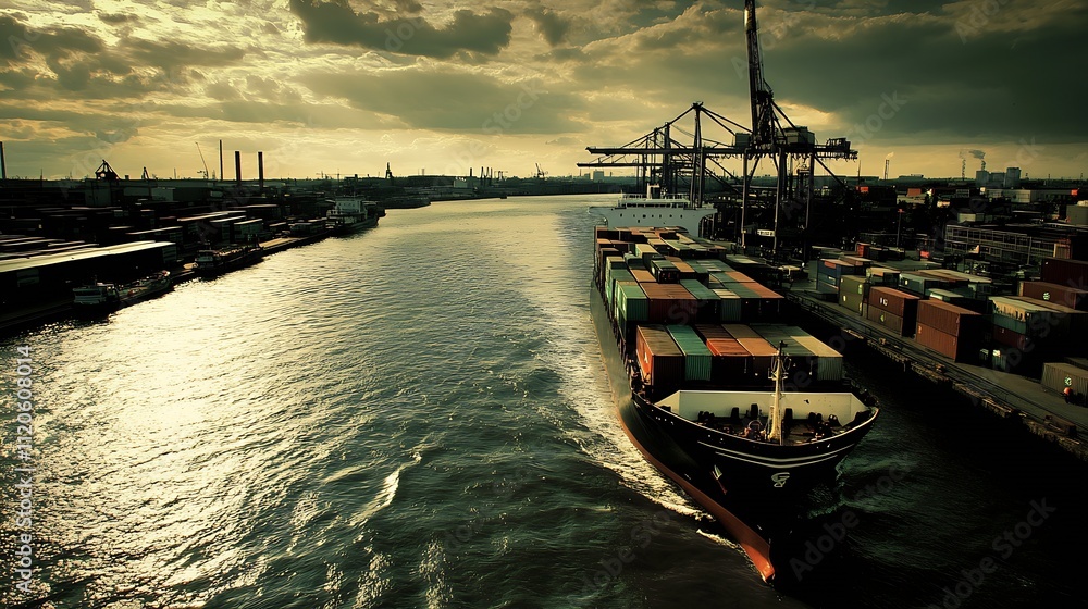 Shipping Vessel Loaded with Containers Navigating a Busy Harbor at Sunset : Generative AI Shipping Vessel Loaded with Containers Navigating a Busy Harbor at Sunset : Generative AI