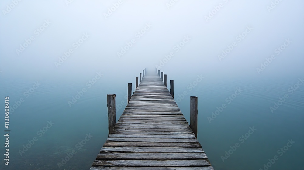 Obraz premium Lonely Wooden Pier Extending to the Horizon Over Foggy Water : Generative AI