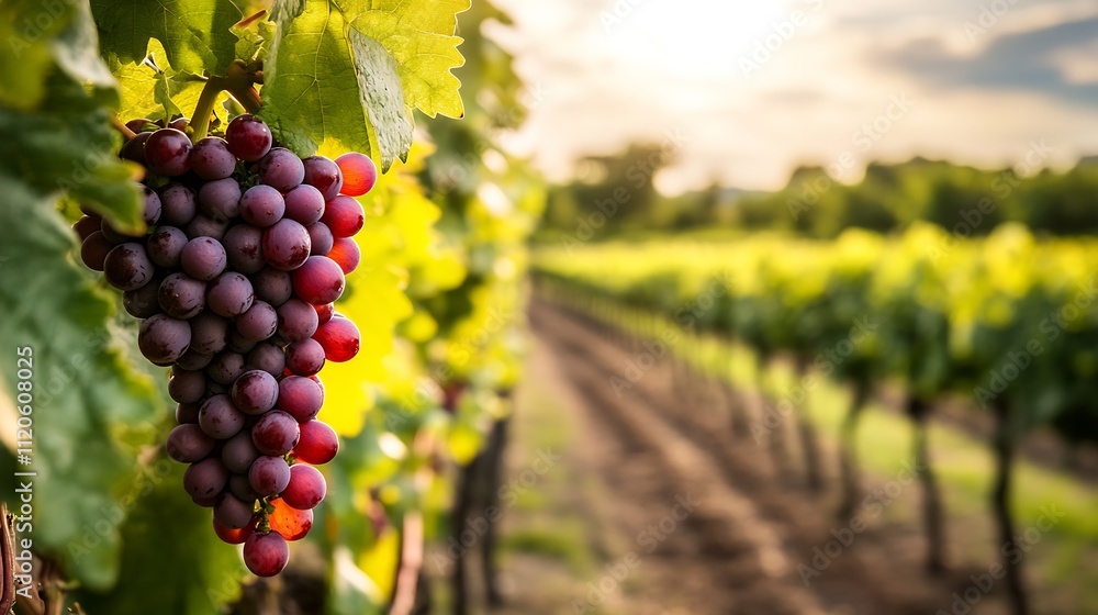 Fototapeta premium Grapevine with ripe purple grapes basking in golden sunset light : Generative AI