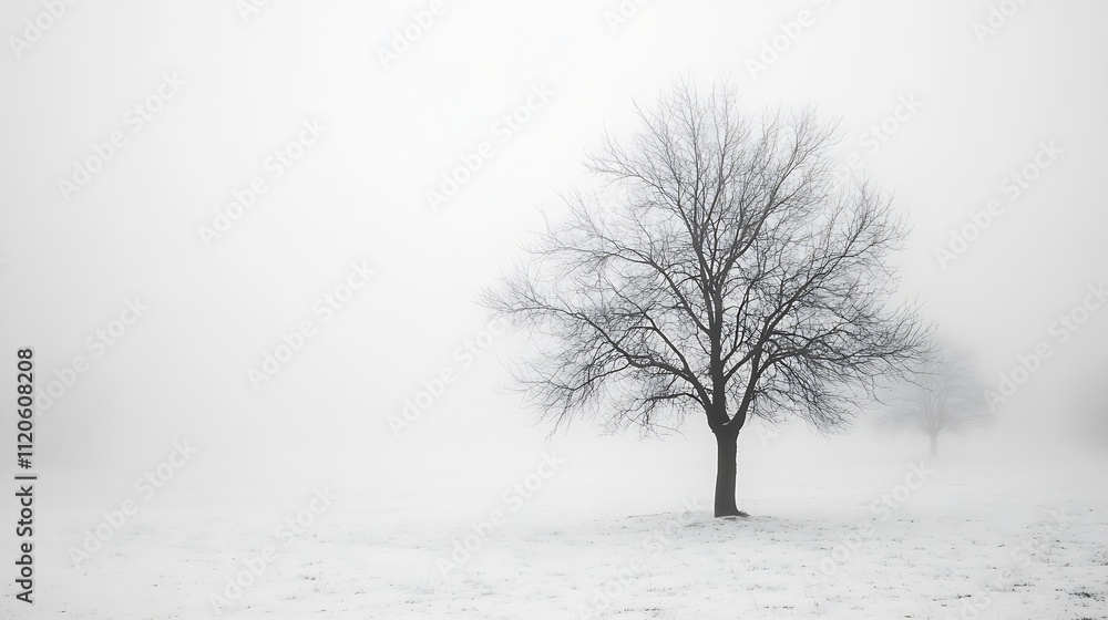 Fototapeta premium Solitary Tree in Snowy Foggy Landscape Creating a Minimalistic Scene : Generative AI