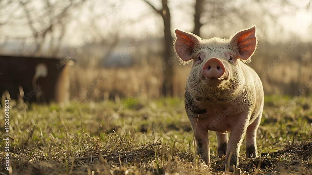 Young Pig Standing in a Sunlit Field Capturing the Essence of Rural Serenity : Generative AI Young Pig Standing in a Sunlit Field Capturing the Essence of Rural Serenity : Generative AI