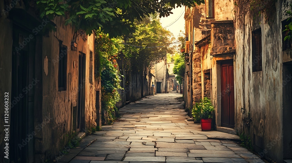 Fototapeta premium Charming Stone Alley with Warm Light and Green Foliage in Quiet Old Town : Generative AI