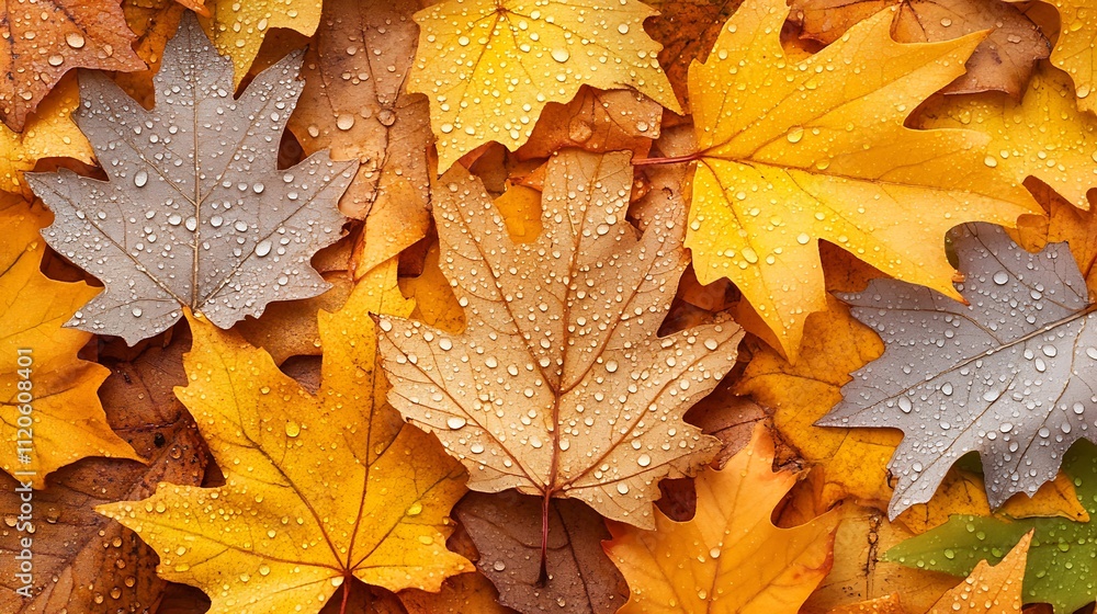 Vibrant Autumn Leaves with Water Droplets in Varied Hues : Generative AI Vibrant Autumn Leaves with Water Droplets in Varied Hues : Generative AI