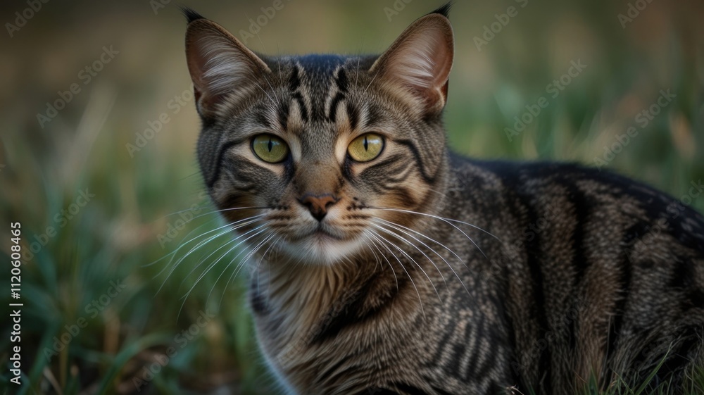 Close-up portrait of a tabby cat in grass. Close-up portrait of a tabby cat in grass.