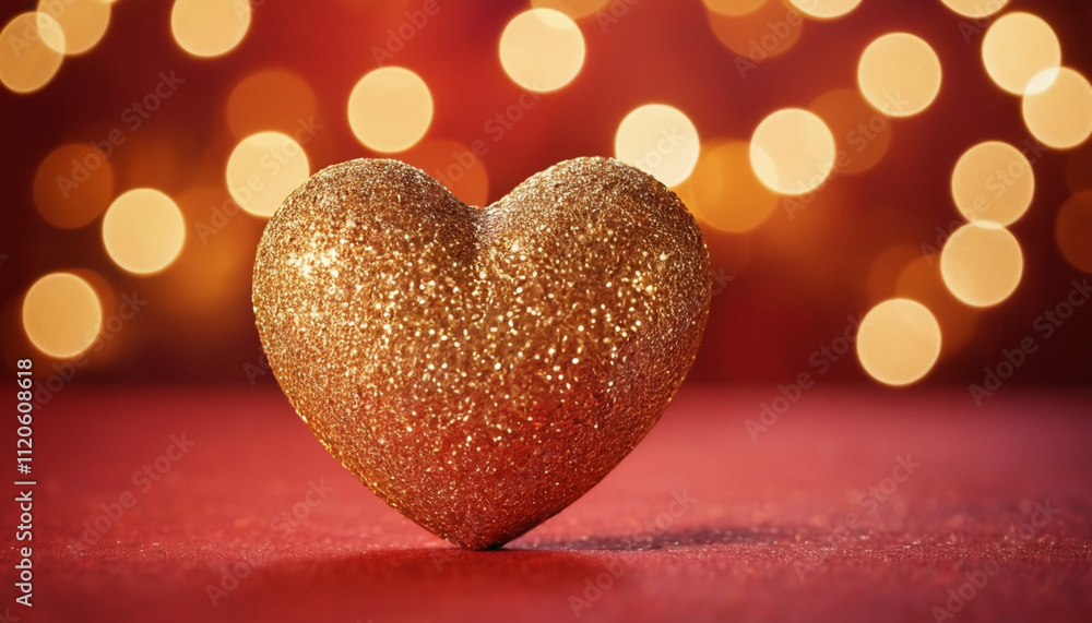 A glittery golden heart placed on a red surface with a bokeh background of warm, golden lights. Happy Valentine's Day A glittery golden heart placed on a red surface with a bokeh background of warm, golden lights. Happy Valentine's Day