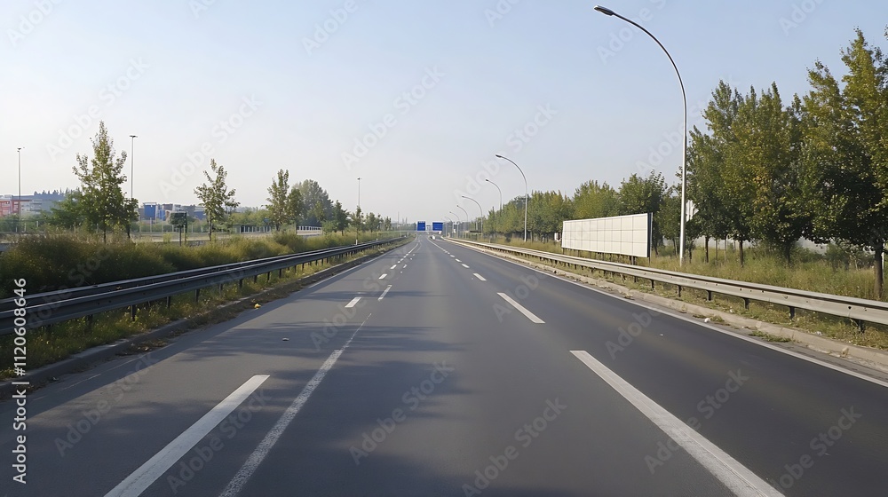 Fototapeta premium Empty Highway on a Sunny Day with Clear Blue Sky and Greenery on Both Sides : Generative AI