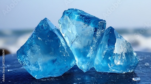 Closeup of blue ice crystals on ocean shore with waves in background : Generative AI photo