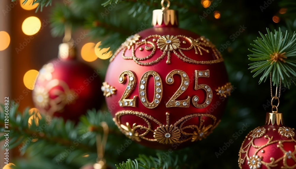 Christmas tree decorated with red ornaments, featuring a Christmas tree decorated with red ornaments, featuring a