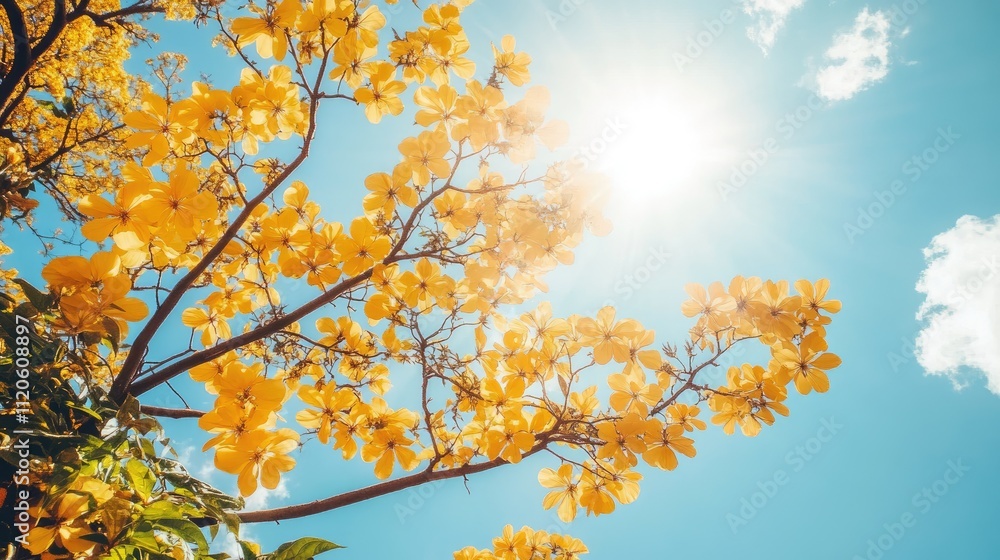 Bright Yellow Flowers Under Clear Blue Sky with Sunlight Bright Yellow Flowers Under Clear Blue Sky with Sunlight