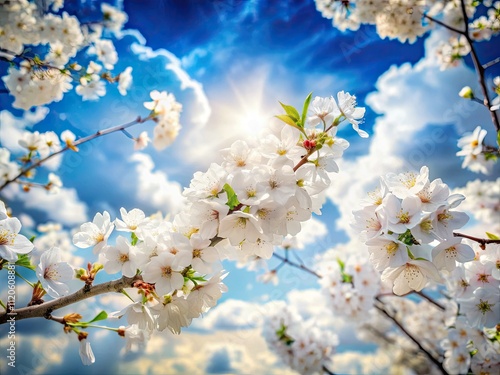 Double Exposure: White Uka Tree Blossoms Sky Background - Spring Floral Photography photo