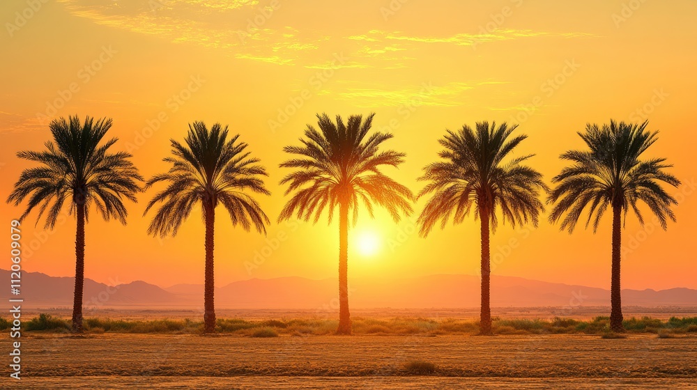 Obraz premium Majestic Sunset Over Silhouetted Palm Trees on Tranquil Beach