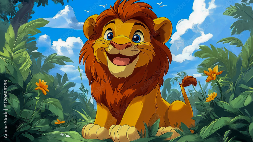 Animated young lion in jungle with bright blue sky and colorful flowers Animated young lion in jungle with bright blue sky and colorful flowers