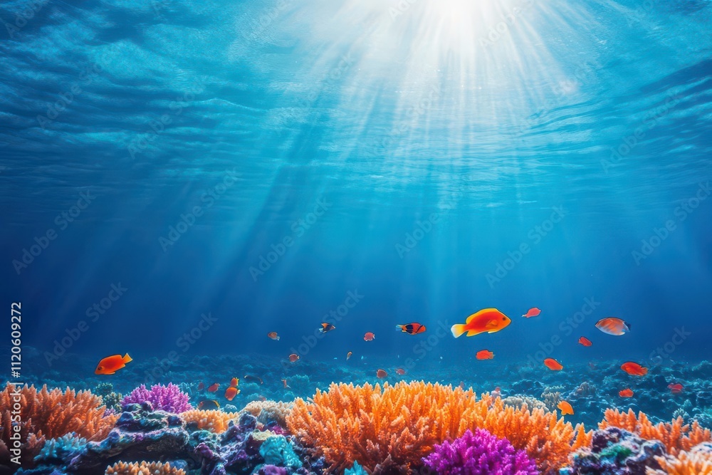 Obraz premium Vibrant underwater coral reef teeming with exotic fish, glowing with sunlight penetrating the azure waters