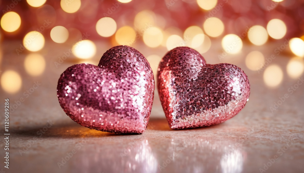 Two glittery heart placed closely together on a surface covered with small reflective sequins. Happy Valentine's Day Two glittery heart placed closely together on a surface covered with small reflective sequins. Happy Valentine's Day