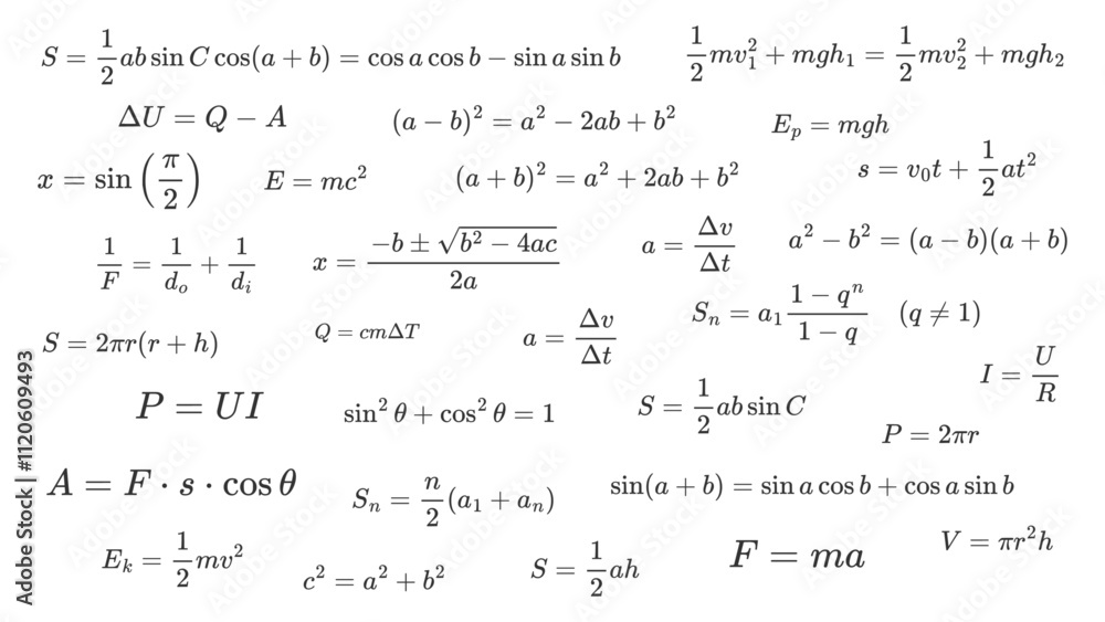 Set of essential math and physics formulas isolated on white background. Key concept in math, physics, mechanics, thermodynamics, and electricity. Vector illustration. Set of essential math and physics formulas isolated on white background. Key concept in math, physics, mechanics, thermodynamics, and electricity. Vector illustration.
